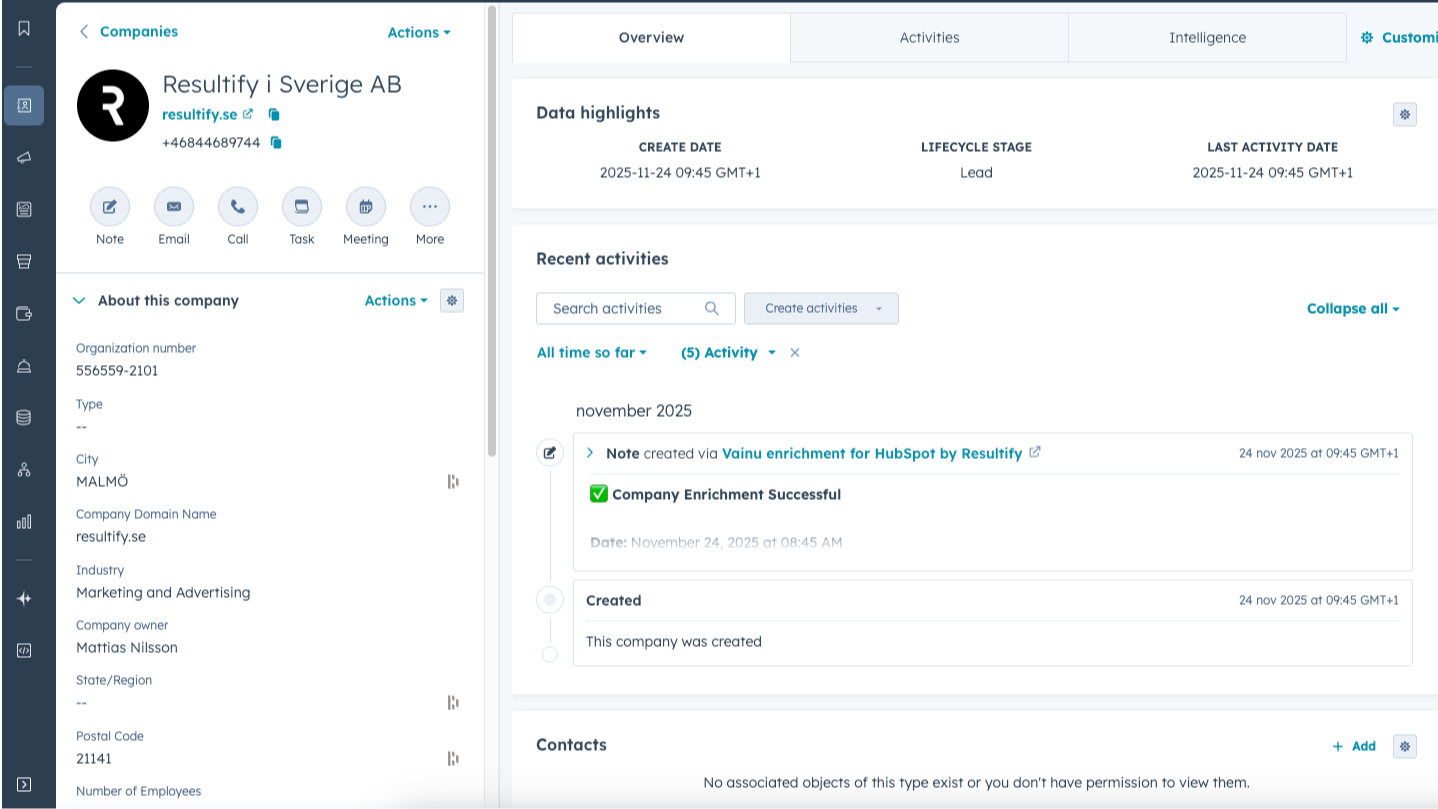 Enriched Company in HubSpot